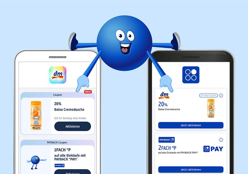 Zwei Handydisplays, mit dm-App und mit PAYBACK App, das PAYBACK Maskottchen macht ein Spagat