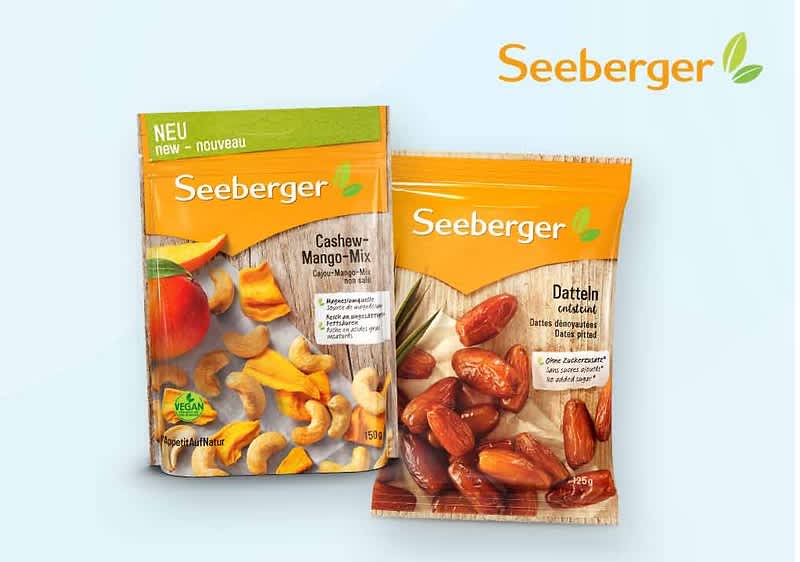 Verpackungen von Cashew-Mango-Mix und Datteln