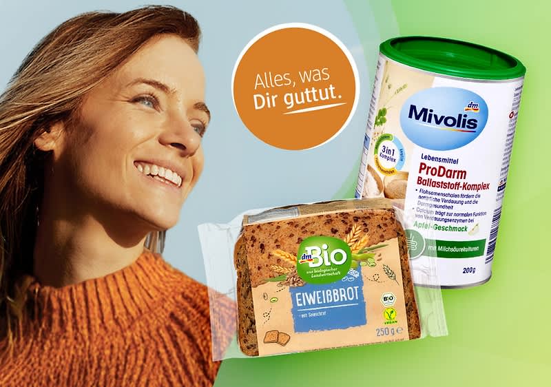 Eine Dose Mivolis ProDarm Ballaststoff-Komplex neben einer Packung Bio Eiweißbrot. Im Hintergrund ein Kreis mit der Aufschrift „Alles, was Dir guttut“