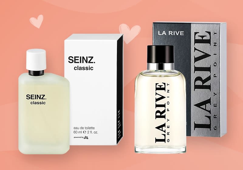 Zwei Parfümflaschen mit Verpackungen vor einem rosa Hintergrund. Links eine Flasche mit der Aufschrift „SEINZ. classic“ und dazugehörige weiße Verpackung. Rechts eine Flasche mit der Aufschrift „LA RIVE GREYPOINT“ und dazugehörige graue Verpackung.