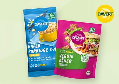 Zwei Davert-Produkte: Porridge, Veggie-Döner
