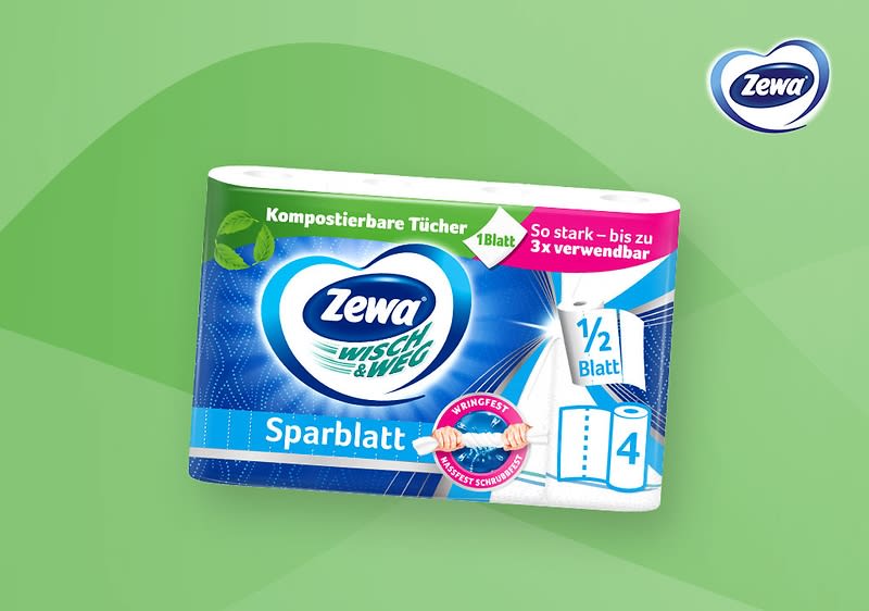 Eine Verpackung von Zewa Wisch & Weg Sparblatt, blau-weißes Design mit grünem und rotem Text, der die Kompostierbarkeit und dreifache Verwendung betont, enthält 18 Blatt