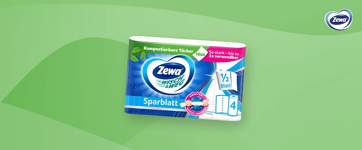 Eine Verpackung von Zewa Wisch & Weg Sparblatt, blau-weißes Design mit grünem und rotem Text, der die Kompostierbarkeit und dreifache Verwendung betont, enthält 18 Blatt