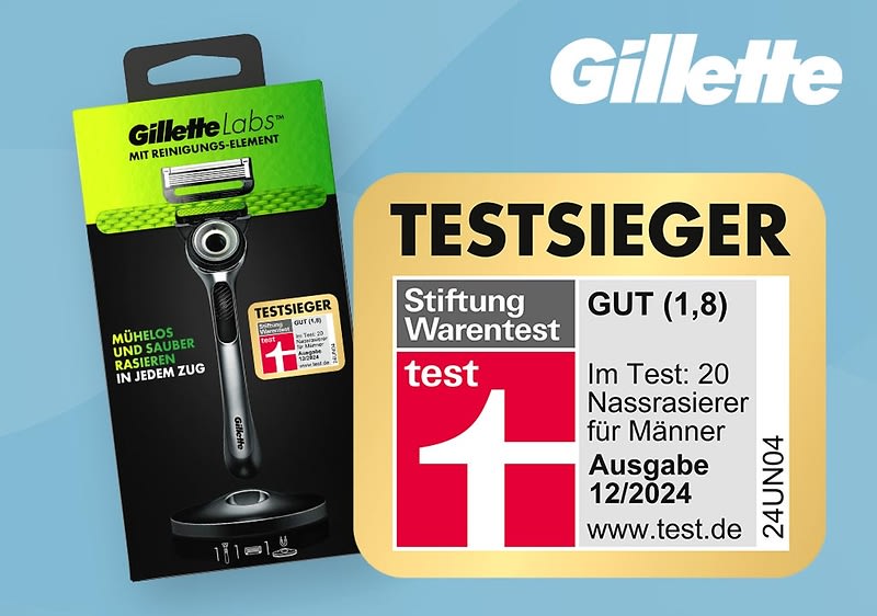 Zwei Gillette-Rasierer-Verpackungen mit Testsieger-Label. Stiftung Warentest Testsieger: GilletteLabs Rasierer; Gut (1,8); Ausgabe 12/2024; 20 Produkte im Test