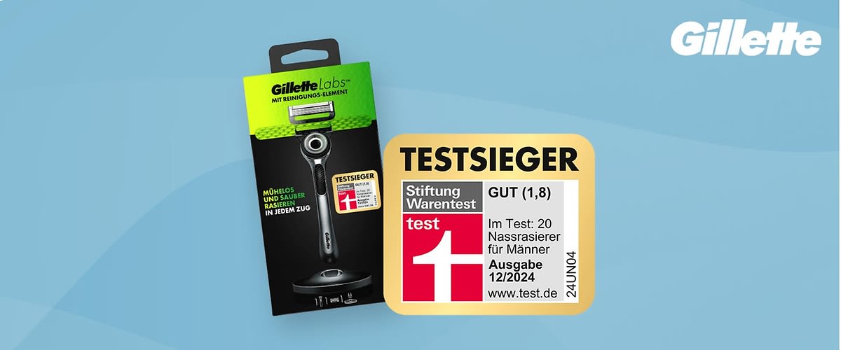 Zwei Gillette-Rasierer-Verpackungen mit Testsieger-Label. Stiftung Warentest Testsieger: GilletteLabs Rasierer; Gut (1,8); Ausgabe 12/2024; 20 Produkte im Test