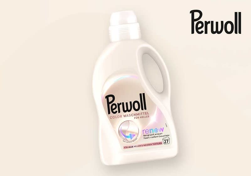 Perwoll Flaschenetikt mit schwarzem Schriftzug „Perwoll“, weiße Kunststoffflasche mit integriertem Griff und Aufschrift „Color Waschmittel renew“ sowie Symbol für Pflege und die Angabe „für helles“