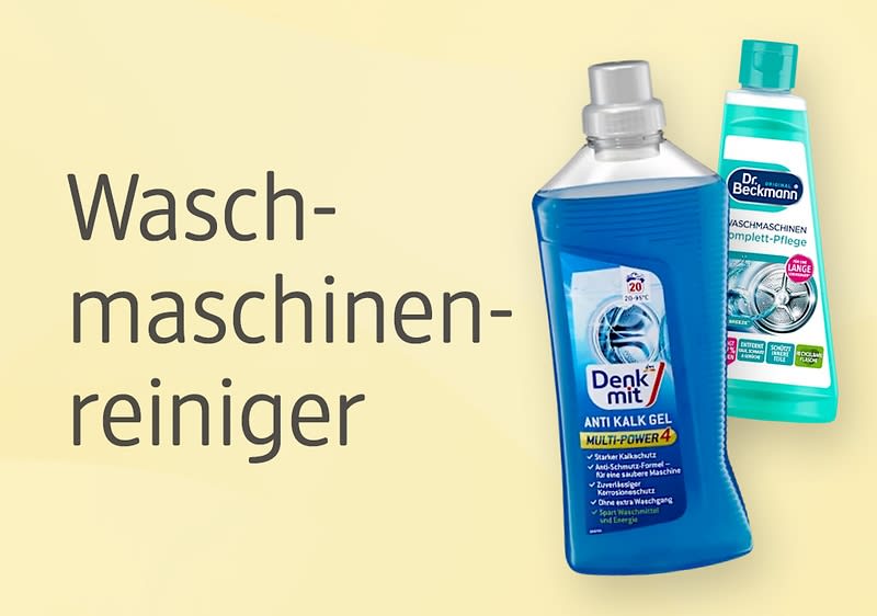 Zwei Flaschen Waschmaschinenreiniger, links eine blaue Flasche von Denkmit mit der Aufschrift „Anti Kalk Gel Multi-Power 4“, rechts eine grüne Flasche von Dr. Beckmann mit der Aufschrift „Waschmaschinen Pflege-Reiniger“