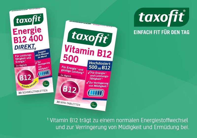 Taxofit B12-Produkte: Vitamin B12 trägt zu einem normalen Energiestoffwechsel & zur Verringerung von Müdigkeit & Ermüdung bei.