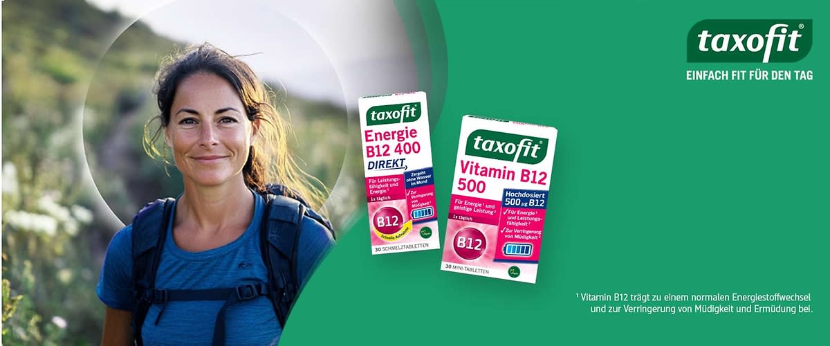 Taxofit B12-Produkte: Vitamin B12 trägt zu einem normalen Energiestoffwechsel & zur Verringerung von Müdigkeit & Ermüdung bei.