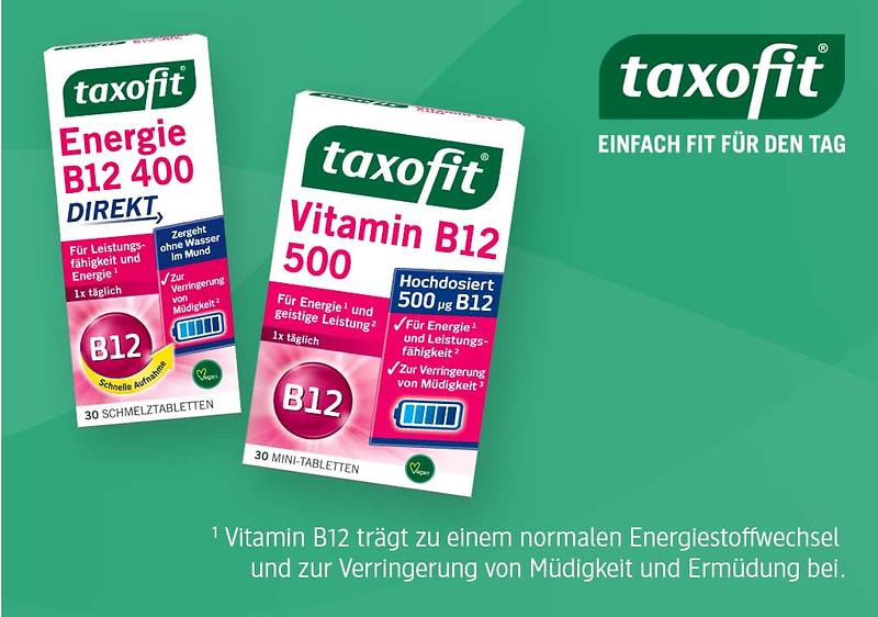 Taxofit B12-Produkte: Vitamin B12 trägt zu einem normalen Energiestoffwechsel & zur Verringerung von Müdigkeit & Ermüdung bei.