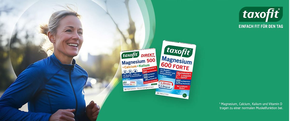 Taxofit Magnesium-Produkte, Hinweis: Magnesium, Calcium, Kalium und Vitamin D tragen zu einer normalen Muskelfunktion bei.