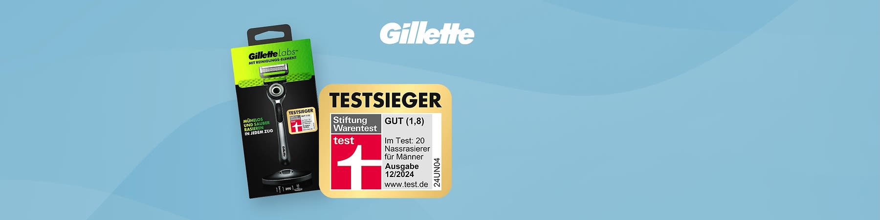 Zwei Gillette-Rasierer mit Testsiegel: Stiftung Warentest Testsieger: GilletteLabs Rasierer; Gut (1,8); Ausgabe 12/2024; 20 Produkte im Test