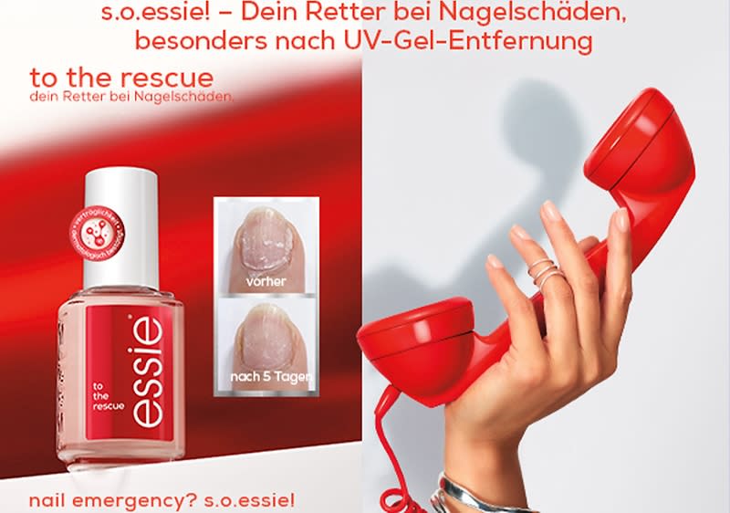 Rote Nagellackflasche und Telefonhörer