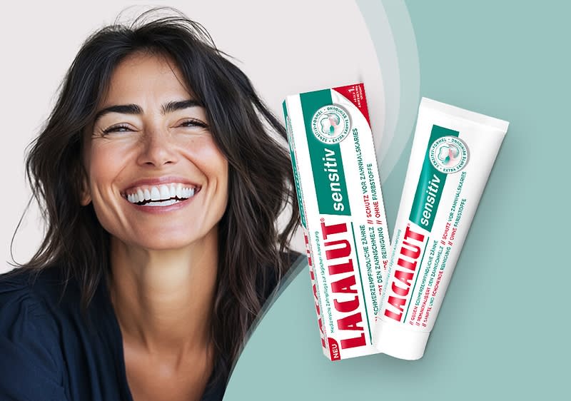 Frau mit Lacalut Sensitiv Zahnpasta