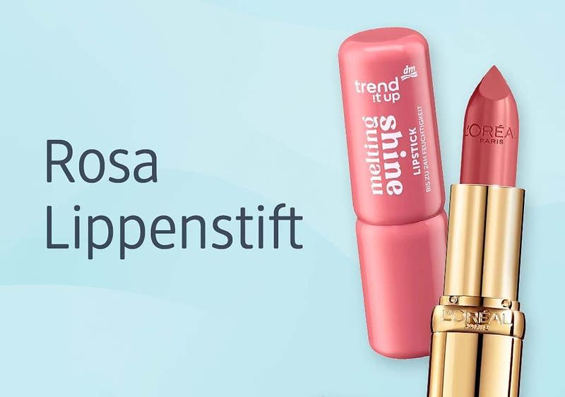 Zwei rosafarbene Lippenstifte nebeneinander, links eine pinke Trend It Up Stiftpackung mit Aufdruck „melting shine LIPSTICK“, rechts ein goldgehäusiger L’Oréal Lippenstift mit rosafarbener Mine; links Text „Rosa Lippenstift“