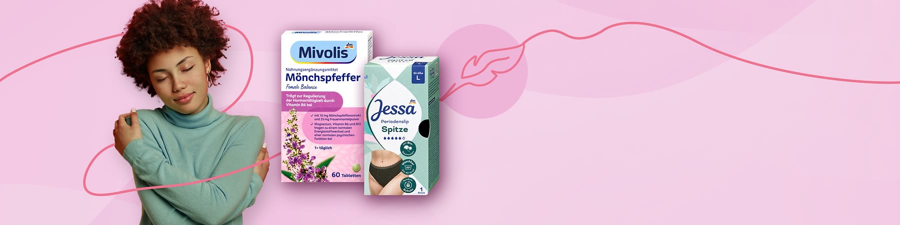 Zwei Produktverpackungen vor rosa Hintergrund: links Mivolis Nahrungsergänzungsmittel „Mönchspfeffer“ 60 Tabletten, rechts Jessa Periodenslip „Spitze“ Größe L mit Bild eines schwarzen Spitzen-Slips und Hinweis auf 1 Stück