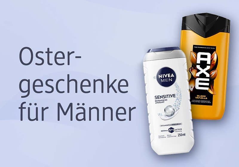 Schriftzug „Ostergeschenke für Männer“ links, rechts zwei Duschgelflaschen: weiße Nivea Men Sensitive 250 ml mit blauem Deckel und gelbe AXE Black Vanilla Flasche mit schwarzem Deckel
