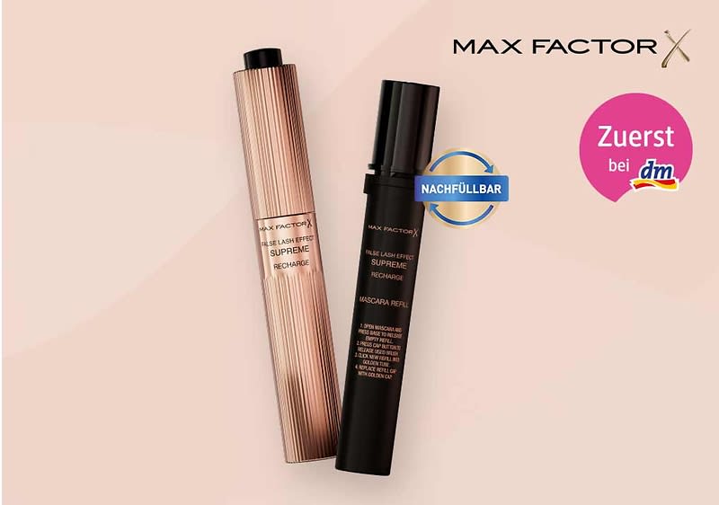 Zwei Max Factor Kosmetikprodukte mit dm-Logo