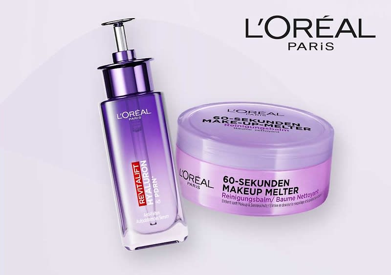 Zwei violette L’Oréal-Paris-Produkte nebeneinander: links eine Pumpflasche „Revitalift Filler Hyaluron“; rechts eine Dose „60-Sekunden Make-Up Melter Reinigungsbalsam“ mit weiterem Text in Deutsch und Französisch