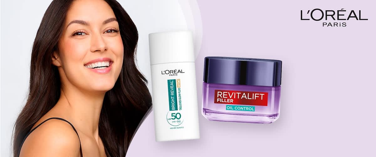 Eine weiße Flasche mit der Aufschrift „L'Oréal Paris Bright Reveal SPF 50“ neben einem lila Tiegel mit der Aufschrift „Revitalift Filler Oil Control“ und dem L'Oréal Paris Logo oben rechts