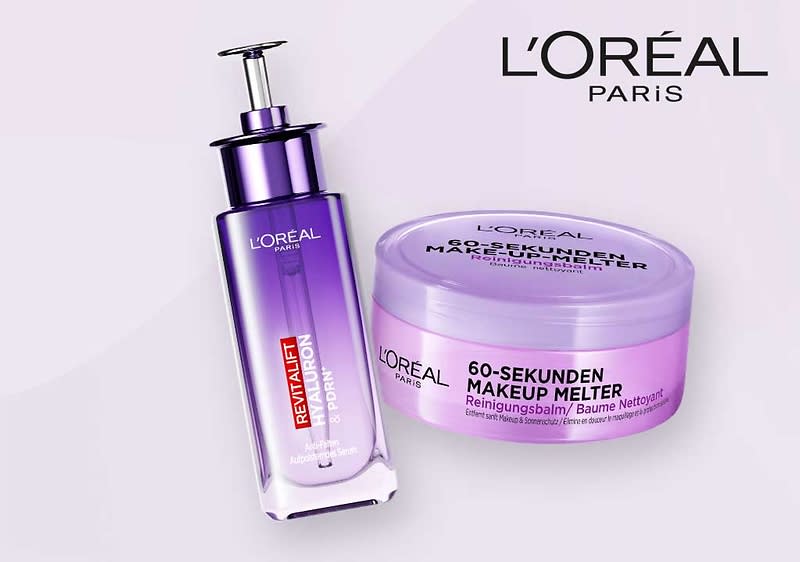 Zwei L’Oréal Paris Produkte: links eine violette Pumpflasche mit Aufschrift „Revitalift Filler [HA]“ und rechts ein runder lila Tiegel mit Aufschrift „60-Sekunden MakeUp Melter Reinigungsbalm“