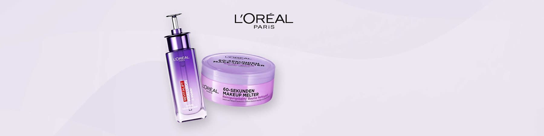 Zwei L’Oréal Paris Produkte: links eine violette Pumpflasche mit Aufschrift „Revitalift Filler [HA]“ und rechts ein runder lila Tiegel mit Aufschrift „60-Sekunden MakeUp Melter Reinigungsbalm“