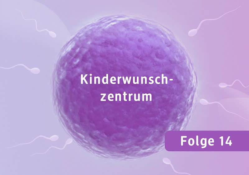 Lila Zelle mit Spermien und Text, Kinderwunschzentrum und Folge 14