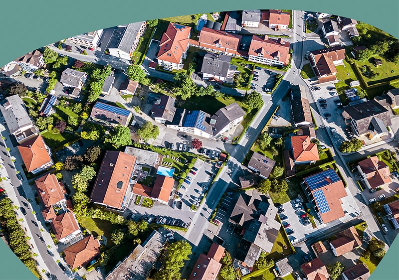 Luftaufnahme einer Wohnsiedlung mit Häusern