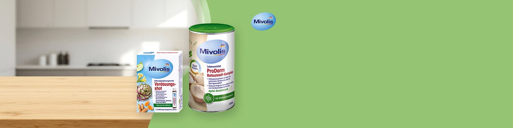 Zwei Mivolis Verdauungsprodukte auf Küchentisch