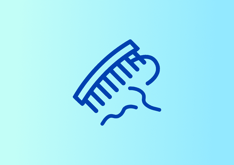 Eine blaue Illustration eines Kamms mit Haarsträhnen auf hellblauem Hintergrund