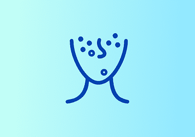 Eine Illustration zeigt ein stilisiertes Gesicht mit blauen Linien und Punkten auf hellblauem Hintergrund