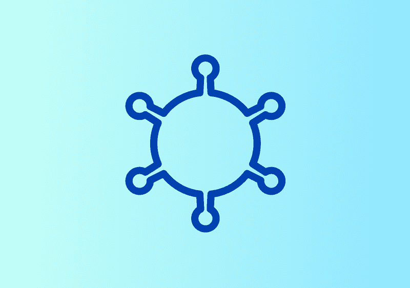Ein blaues Symbol auf hellblauem Hintergrund zeigt einen Kreis mit sechs gleichmäßig verteilten, nach außen gerichteten Linien, die jeweils in einem kleineren Kreis enden
