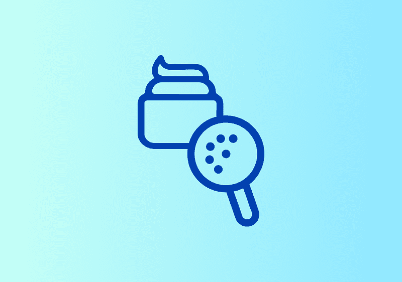 Eine blaue Illustration zeigt ein Cremegefäß und eine Lupe auf hellblauem Hintergrund