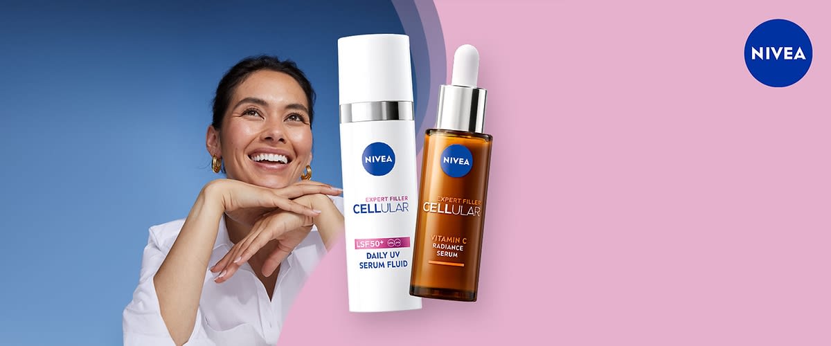 Zwei Nivea Cellular Pflegeprodukte auf rosa Hintergrund