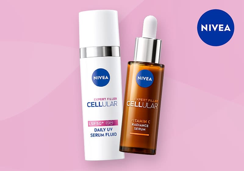 Zwei Nivea CELLULAR Serumflaschen auf rosa Hintergrund