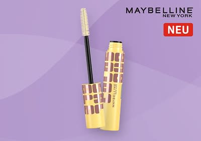 Gelbe Maybelline Mascara auf lila Hintergrund