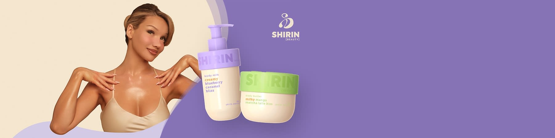 Zwei Körperbutter-Verpackungen von Shirin Beauty, links milky mango matcha latte bliss in grün, rechts creamy blueberry caramel bliss in lila, vor einem lila Hintergrund mit dem Shirin Beauty Logo