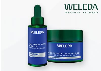 Weleda Anti-Falten Serum und Tagespflege auf hellblauem Hintergrund mit Logo