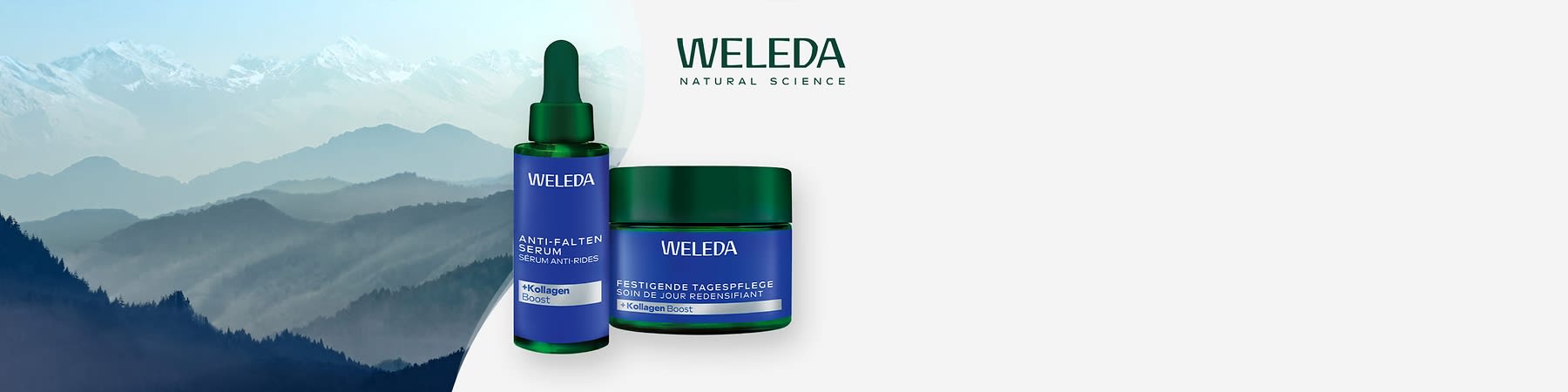 Weleda Anti-Falten Serum und Tagespflege auf hellblauem Hintergrund mit Logo