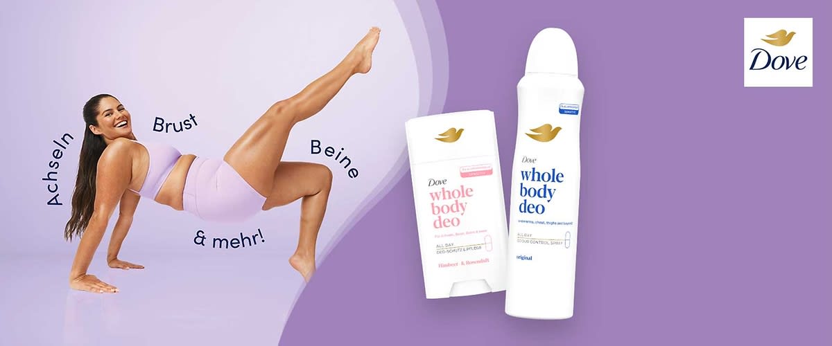 Dove Deodorant Spray und Stick auf lila Hintergrund