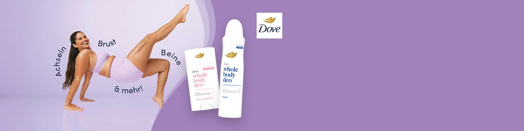 Dove Deospray und Deostick auf lila Hintergrund