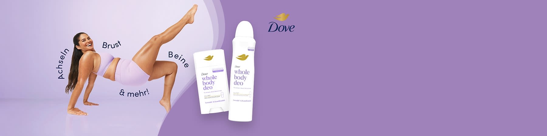 Dove Deospray und Deostick auf lila Hintergrund