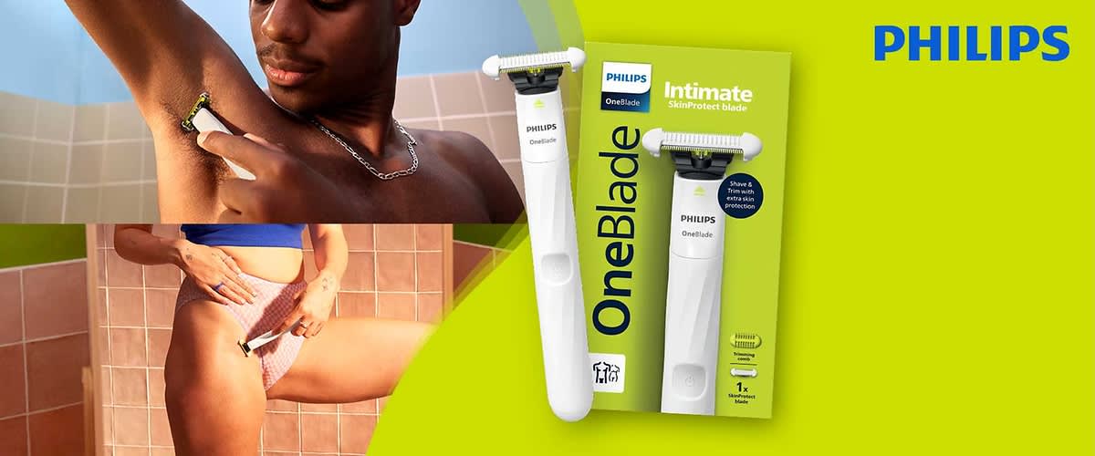 Eine grüne Verpackung des Philips OneBlade mit der Aufschrift „Intimate SkinProtect Blade“. Daneben der weiße Rasierer mit einem Klingenkopf. Oben rechts das Philips-Logo.