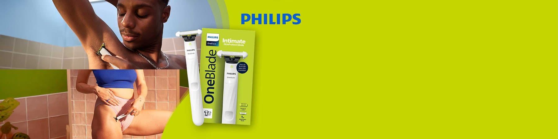 Eine grüne Verpackung des Philips OneBlade mit der Aufschrift „Intimate SkinProtect Blade“. Daneben der weiße Rasierer mit einem Klingenkopf. Oben rechts das Philips-Logo.