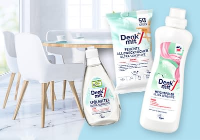 Denkmit-Produkte vor Esszimmer mit Tisch und Stühlen