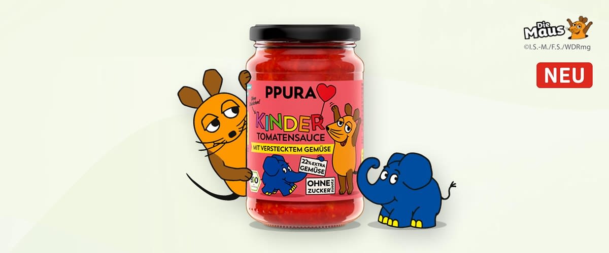 Tomatensauce mit Maus und Elefant auf rosa Hintergrund