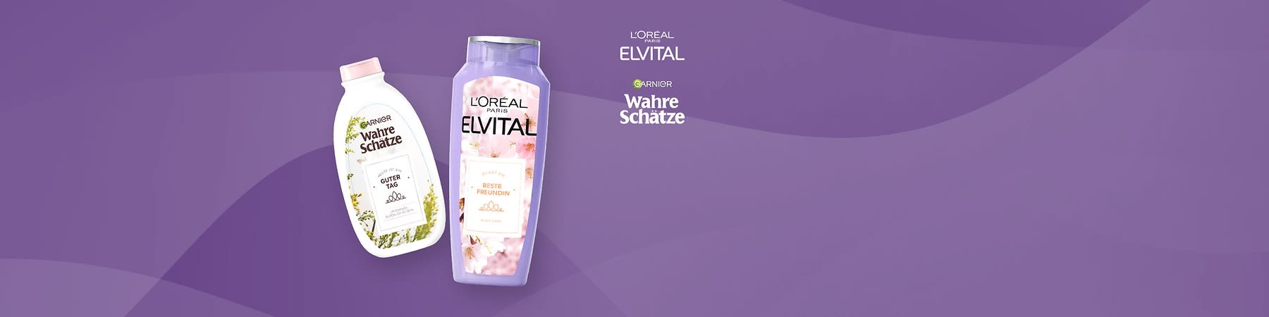 Zwei Shampooflaschen von Wahre Schätze und Elvital auf lila Hintergrund