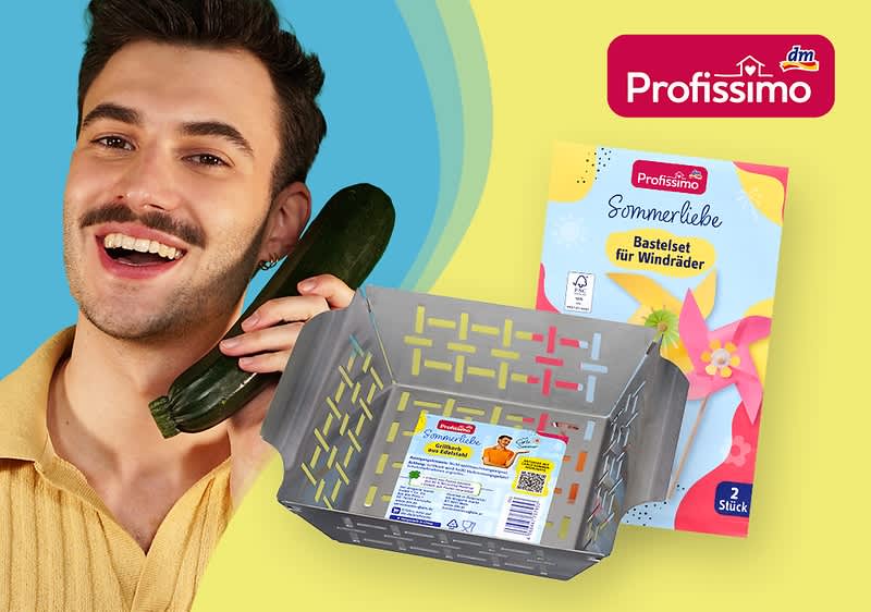 Mann hält Gurke, Bastelset und Korb