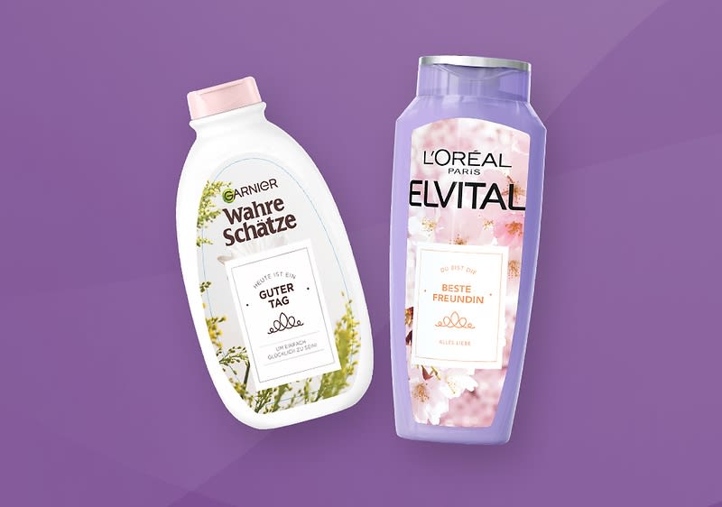 Wahre Schätze und Elvital Shampooflaschen mit den beklebten Etiketten