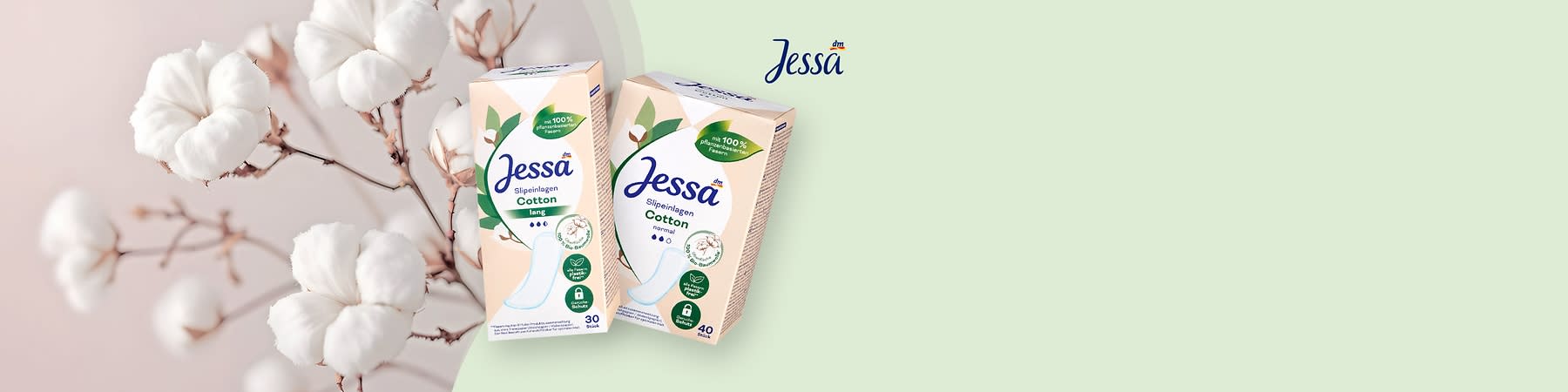 Zwei Packungen Jessa Slipeinlagen Cotton in Pastellverpackungen, links „lange“ 30 Stück, rechts „normal“ 40 Stück, mit Baumwollzweig-Illustration und Hinweis „%100 Baumwollähnliche Fasern“